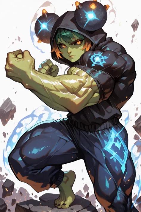 solo, silhouette, earth Powers, ((Female)), muscular Goblin character, wearing a black hoodie with blue line details, white t-shirt, wallpaper quality, on a loading screen, fighting stance, solo, aura, thigh up, body covered in rocks/metal, (Human Body, ea...