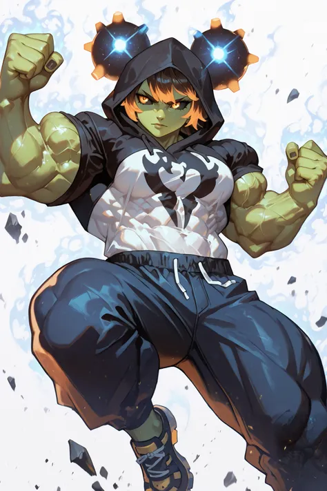 solo, silhouette, earth Powers, ((Female)), muscular Goblin character, wearing a black hoodie with blue line details, white t-shirt, wallpaper quality, on a loading screen, fighting stance, solo, aura, thigh up, body covered in rocks/metal, (Human Body, ea...