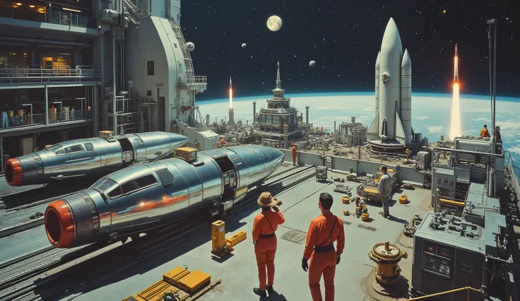 A massive, gleaming factory in space, where chrome rockets are meticulously assembled on vintage conveyor belts. The factory's workers, clad in futuristic jumpsuits, oversee the production of sleek spaceships while neon lights flicker across the factory fl...