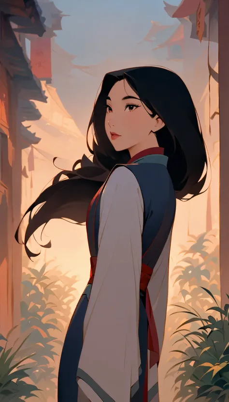Hua Mulan,Show female bravery,shy,like a porcelain doll, fine features, delicate,Black and red color scheme,poster,iconic disney characters。shonen style, anime style, straight hair, big hair, ((long hair)) ,chinese young woman warrior, black hair, traditio...