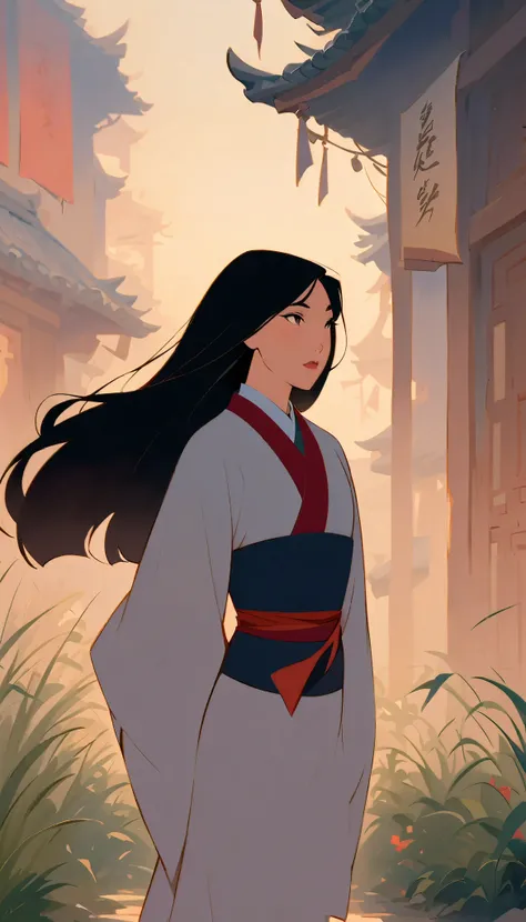 Hua Mulan,Show female bravery,shy,like a porcelain doll, fine features, delicate,Black and red color scheme,poster,iconic disney characters。shonen style, anime style, straight hair, big hair, ((long hair)) ,chinese young woman warrior, black hair, traditio...
