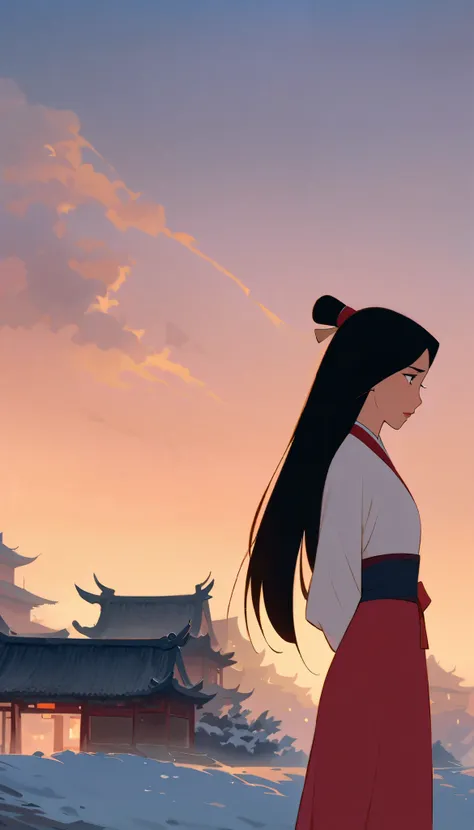 Hua Mulan,Show female bravery,shy,like a porcelain doll, fine features, delicate,Black and red color scheme,poster,iconic disney characters。shonen style, anime style, straight hair, big hair, ((long hair)) ,chinese young woman warrior, black hair, traditio...