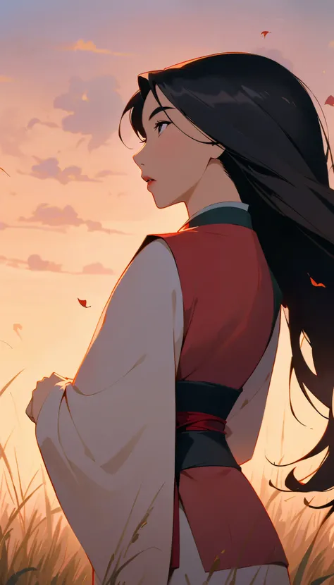 Hua Mulan,Show female bravery,shy,like a porcelain doll, fine features, delicate,Black and red color scheme,poster,iconic disney characters。shonen style, anime style, straight hair, big hair, ((long hair)) ,chinese young woman warrior, black hair, traditio...