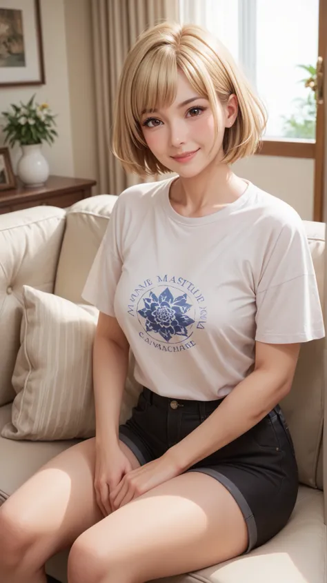 best quality, masterpiece, detailed,
cha hae-in,
mature, light smile, blush,
blonde hair, short hair, brown eyes, 
t-shirt, black shorts,
sitting, looking at viewer,
couch