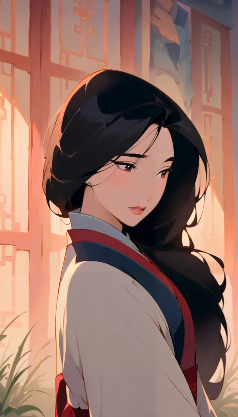 Hua Mulan,Show female bravery,shy,like a porcelain doll, fine features, delicate,Black and red color scheme,poster,iconic disney characters。shonen style, anime style, straight hair, big hair, ((long hair)) ,chinese young woman warrior, black hair, traditio...