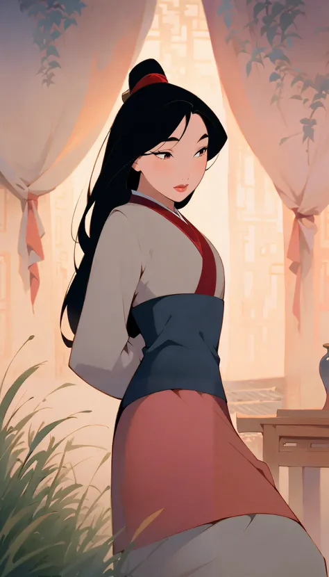 Hua Mulan,Show female bravery,shy,like a porcelain doll, fine features, delicate,Black and red color scheme,poster,iconic disney characters。shonen style, anime style, straight hair, big hair, ((long hair)) ,chinese young woman warrior, black hair, traditio...