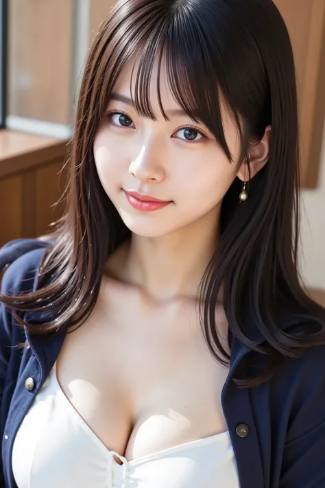 The face is positioned exactly in the center of the image , black hair , Tight Chest 、, the entire head is fully reflected , Face clearly visible、white blouse with open chest collar and navy jacket, Women's Room Background , long hair per person、bungs, sm...