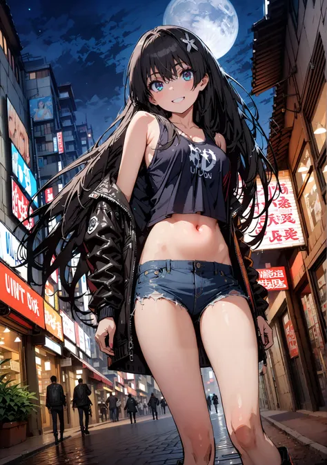 Saten Ruiko, black hair, blue eyes, long hair, hair ornament, flower ornament,smile, grin ,Medium breast,Riders Jacket,tank top,belly button stick,under boob,denim micro shorts,Bare legs,boots,angle from below,night,Nōn,I have my hands in my jacket pockets...