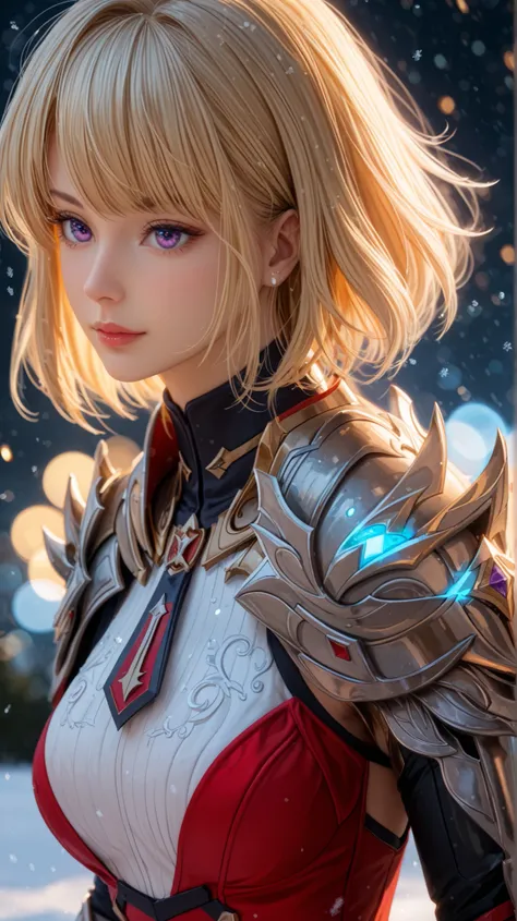 Rating 9, Rating 8, Rating 7, Rating 6, Anime Origin, Explicit Rating, Glowing Skin, Light Particles, Mature Woman, Girl, Slim Body, Slim Legs, Lonely, Narrow Shoulders, Slim Body, Medium Chest, Short Hair, Bangs, Blonde Hair, Purple Eyes, wearing a detail...