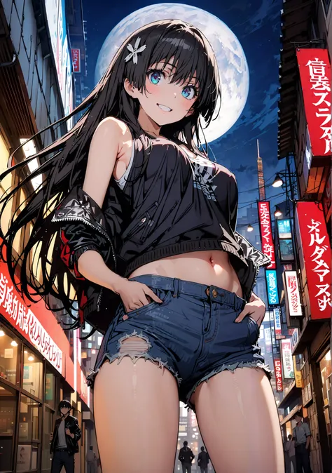 Saten Ruiko, black hair, blue eyes, long hair, hair ornament, flower ornament,smile, grin ,Medium breast,Riders Jacket,tank top,belly button stick,under boob,denim micro shorts,Bare legs,boots,angle from below,night,Nōn,I have my hands in my jacket pockets...