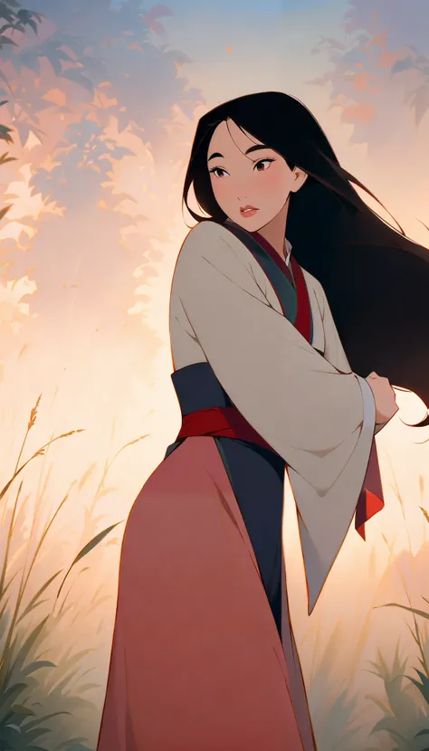 Hua Mulan,Show female bravery,shy,like a porcelain doll, fine features, delicate,Black and red color scheme,poster,iconic disney characters。shonen style, anime style, straight hair, big hair, ((long hair)) ,chinese young woman warrior, black hair, traditio...