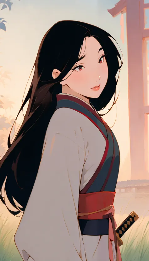 Hua Mulan,Show female bravery,shy,like a porcelain doll, fine features, delicate,Black and red color scheme,poster,iconic disney characters。shonen style, anime style, straight hair, big hair, ((long hair)) ,chinese young woman warrior, black hair, traditio...