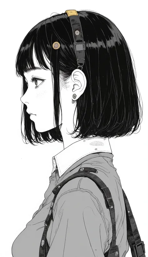 Japanese manga written on a notebook、Taiyo Matsumoto、profile、upper body、 manga frame split、 comic cover 、short hair、High school cartoons、uniform、black hair shortcuts、simple background、full bang、 Bold composition 、Black and white、 dot screen tone 、solo