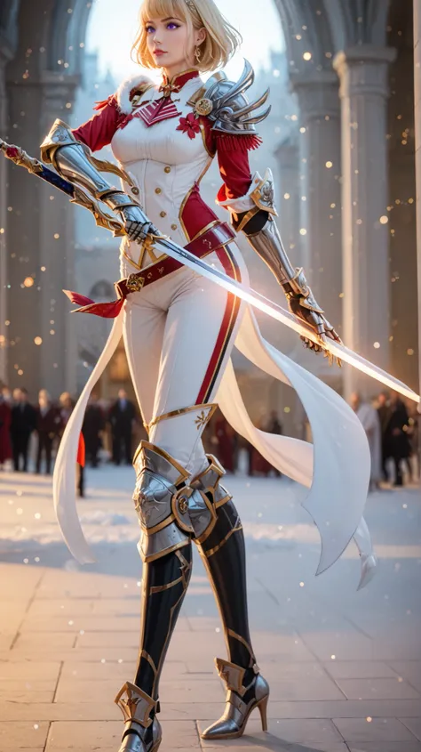 Rating 9, Rating 8, Rating 7, Rating 6, Anime Origin, Explicit Rating, Glowing Skin, Light Particles, Mature Woman, Girl, Slim Body, Slim Legs, Lonely, Narrow Shoulders, Slim Body, Medium Chest, Short Hair, Bangs, Blonde Hair, Purple Eyes, (Cinematic ultra...