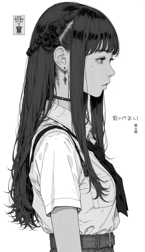 Japanese manga written on a notebook、Taiyo Matsumoto、profile、upper body、 manga frame split、 comic cover 、Princess Cut、straight long hair、full bangs、High school cartoons、uniform、black hair shortcuts、simple background、full bang、 Bold composition 、Black and ...