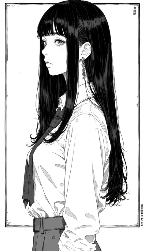 Japanese manga written on a notebook、Taiyo Matsumoto、profile、upper body、 manga frame split、 comic cover 、Princess Cut、straight long hair、full bangs、High school cartoons、uniform、black hair shortcuts、simple background、full bang、 Bold composition 、Black and ...