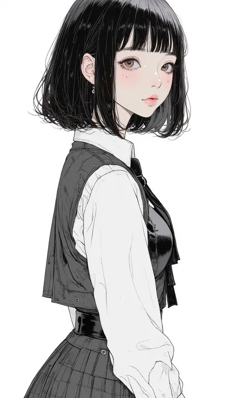 Japanese manga written on a notebook、Taiyo Matsumoto、profile、upper body、 manga frame split、 comic cover 、Princess Cut、natural perm hair 、full bangs、high school cartoon、uniform、black hair shortcut、simple background、full bang、 Bold composition 、Black and wh...