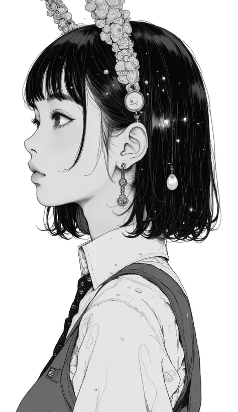 Japanese manga written on a notebook、Taiyo Matsumoto、profile、upper body、 manga frame split、 comic cover 、Princess Cut、natural perm hair 、full bangs、high school cartoon、uniform、black hair shortcut、simple background、full bang、 Bold composition 、Black and wh...