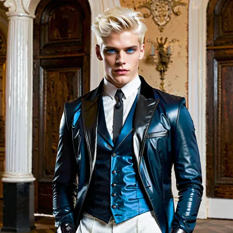 Interior hosts masculine, muscular 20-year-old (((German king posing, short platinum blonde hair styled with volume, intense blue eyes, serious expression, black leather tailcoat, satin lapels, white dress shirt, subtle vertical pleats, high collar, black ...