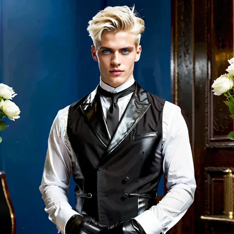 Interior hosts masculine, muscular 20-year-old (((German king posing, short platinum blonde hair styled with volume, intense blue eyes, serious expression, black leather tailcoat, satin lapels, white dress shirt, subtle vertical pleats, high collar, black ...