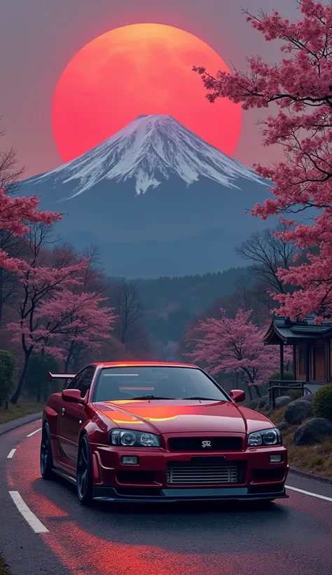 Nissan R34 Travel to Mt. Fuji Red Moon Japan