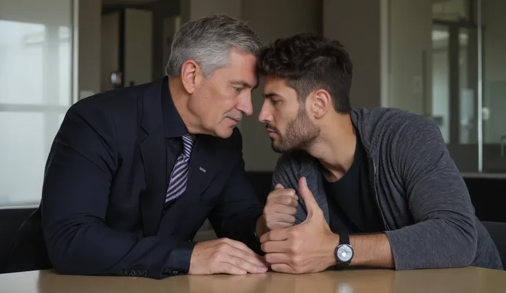 Two men, gay love, pierce, intimate, love , desire, kissing. A CEO( older with silver-streaked dark hair, piercing blue eyes, chiseled jawline, wearing an expensive tailored dark suit with perfect Windsor knot tie. His expression shows conflicted emotion a...