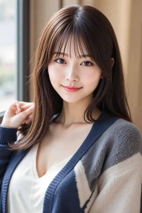 The face is positioned exactly in the center of the image , black hair , Tight Chest 、, the entire head is fully reflected , Face clearly visible、white blouse with open chest collar and navy jacket, Women's Room Background , long hair per person、bungs, sm...