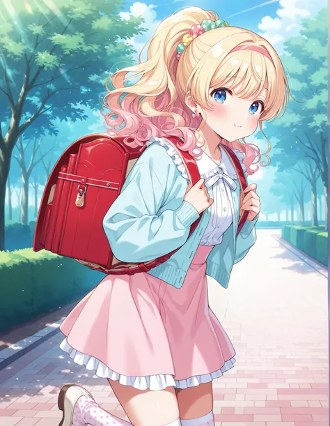 masterpiece, best quality, "Picnic Angel meets Candy Girl" Add candy colors to your refreshing picnic style to make it even more cute. The top is a white frilled blouse with a light blue cardigan. For the skirt, pair it with a pink tulle skirt with polka d...