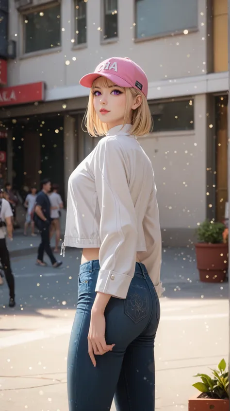 score_9, score_8_up, score_7_up, score_6_up, source_anime, rating_explicit, shiny skin,light particles,mature female, 1girl, slim body, slim legs, solo,Narrow shoulders, slim body, medeuim breast, short hair, bangs, blonde hair, purple eyes, Cha Hae-In fro...