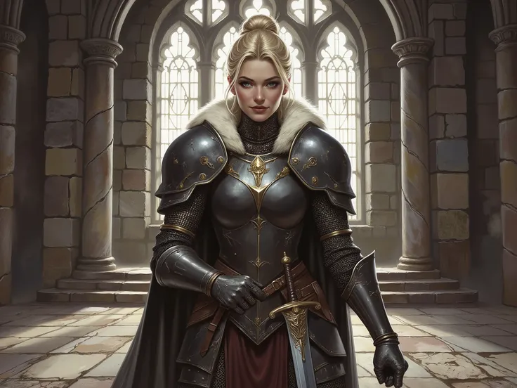 A stunning, confident woman (ethnicity:1.2), (age:1.1), dressed in medieval-style full plate armor (detailed clothing:1.2), (accessories:1.1), standing center-frame, facing the viewer. She holds two beautifully crafted swords, each reflecting her mastery i...