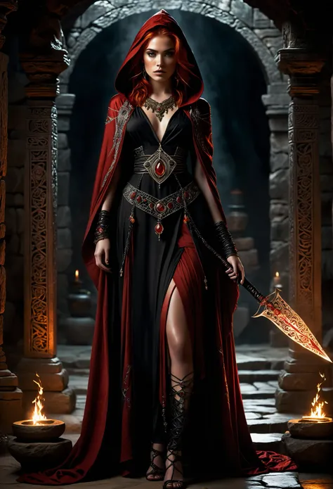 A striking young woman with fiery red hair styled into two long, messy braids stands at the center of this high-quality, full-body illustration. She is draped in a deep red hooded robe, partially open to reveal an intricate and elegant outfit. A beautifull...