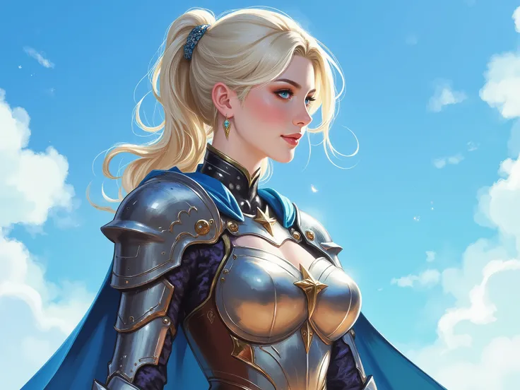 Female figure (age:1.1), (ethnicity:1.2), profile view, looking off to the side, wearing detailed plate armor (detailed clothing:1.2), gold accents, blue cape (detailed clothing:1.2), light blonde hair (detailed hair:1.2) flowing in the wind, pale skin ...
