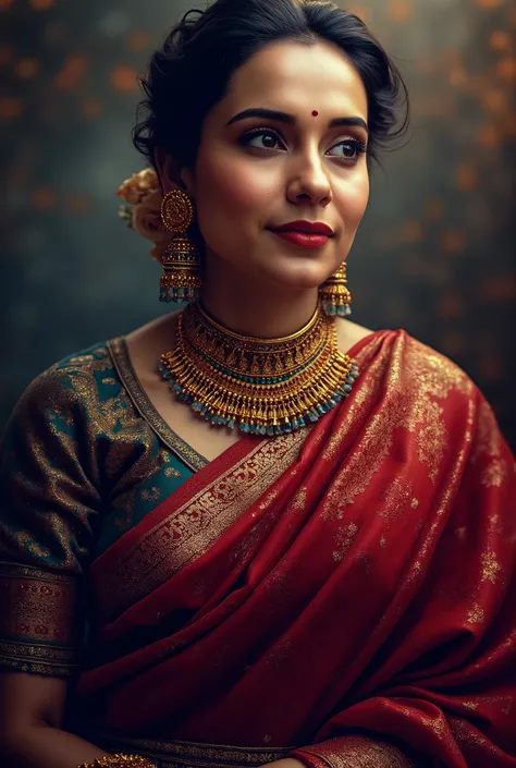 a beautiful woman in a saree, , topless, detailed portrait, highly detailed face, detailed eyes, realistic, photorealistic, 8k, cinematic lighting, bright color tones, glowing skin, intricate fabric details, elegant pose, dramatic shadows, golden jewelry, ...