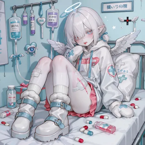 The girl is albino, she has white skin and slightly pointed ears, her eyes are navi blue , and her eyelashes are white. She has short white hair short bob haircut and has small pigtails on the sides of her head. She is wearing a
azure/baby-blue oversized ...