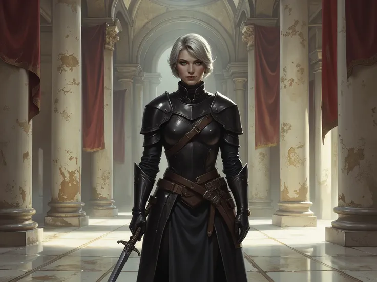 Inside the Academy A woman with about 59 years of stately posture stands alone in a large empty hall., with polished marble floors and pillars adorned with ancient flags. Her gray hair, short and practical cuts, reflect the soft light that enters through t...