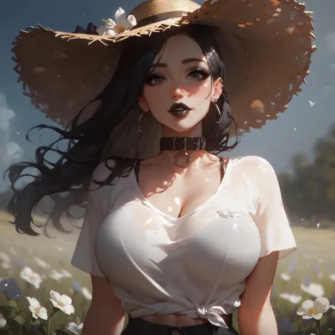 1 girl, solo, collar, straw hat, loose long white T-shirt, black lace panties, cute face, black lipstick, white long silky hair fluttering in the wind, makeup, beautiful eyes, piercing gaze at the viewer, curvy shapes, massive firm breasts, juicy hips, per...