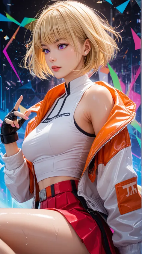 score_9, score_8_up, score_7_up, score_6_up, source_anime, rating_explicit, shiny skin,light particles,mature female, 1girl, slim body, slim legs, solo,Narrow shoulders, slim body, medeuim breast, short hair, bangs, blonde hair, purple eyes, Cha Hae-In fro...