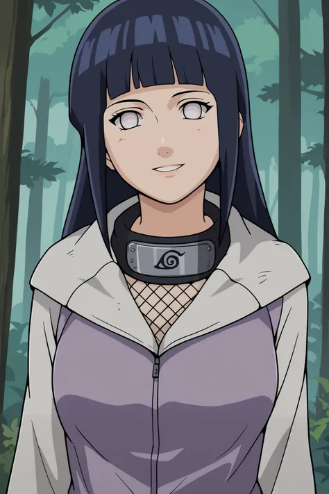 score_9, score_8_up, score_7_up, score_6_up, BREAK, HinataHyugaNXL, no pupils, white eyes, black hair, long hair, blunt bangs, mediun breasts, forehead protector, fishnets, purple jacket, long sleeves, solo, front view, (portrait, upper body), solo focus, ...
