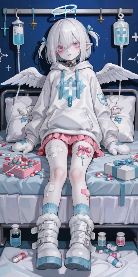 The girl is albino, she has white skin and slightly pointed ears, her eyes are navi blue , and her eyelashes are white. She has short white hair short bob haircut and has small pigtails on the sides of her head. She is wearing a baby-blue oversized hoodie ...