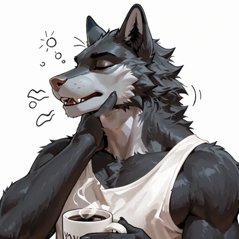 /holding coffee mug, yawning