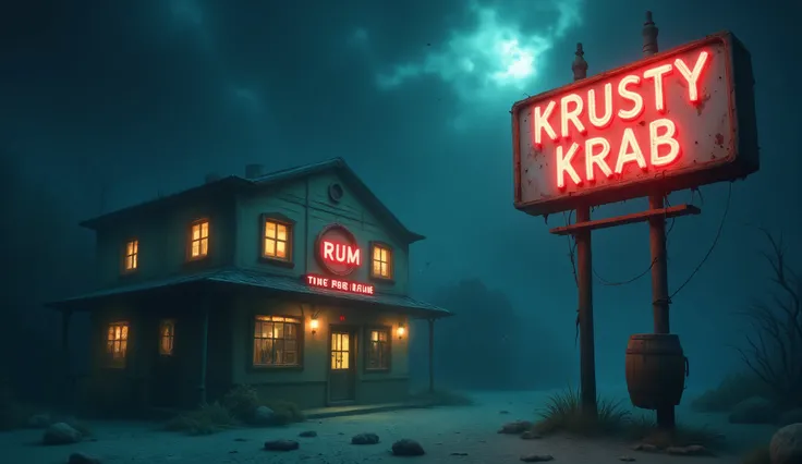 A close-up view of the "Krusty Krab" sign in a dimly lit, foggy underwater atmosphere. The sign is affixed to Mr. Krabs' diner. The architecture is very creative, with a ribbon of rum barrels, windows and a two-story building, and lots of neon lights. The ...