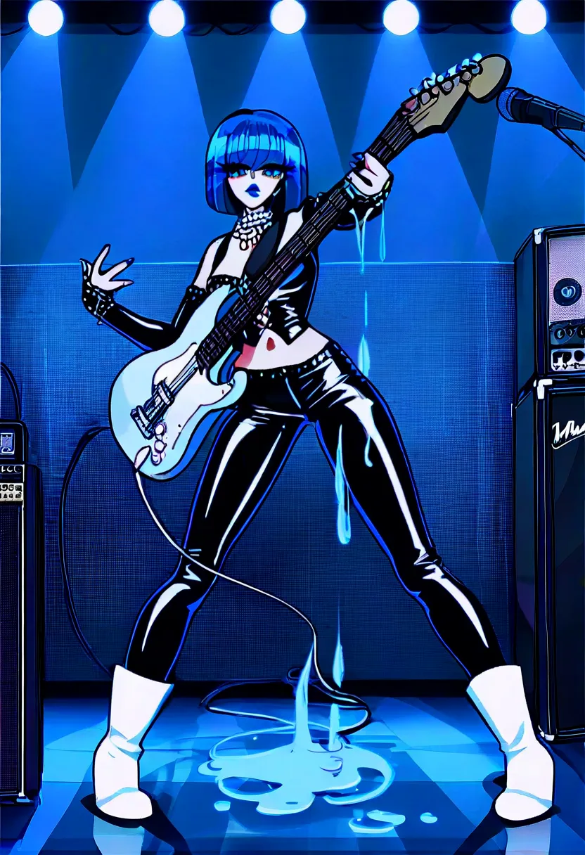 blue haired woman playing guitar