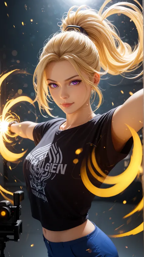 Rating 9, Rating 8, Rating 7, Rating 6, Anime Origin, Explicit Rating, Glowing Skin, Light Particles, Mature Woman, Girl, Slim Body, Slim Legs, Lonely, Narrow Shoulders, Slim Body, Medium Chest, Short Hair, Bangs, Blonde Hair, Purple Eyes, Cha Hae-In from ...
