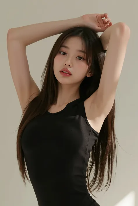 a beautiful girl with long brunette hair, detailed eyes, nose, and lips, wearing black leotard, stretching towards the sky, (best quality,4k,8k,highres,masterpiece:1.2),ultra-detailed,(realistic,photorealistic,photo-realistic:1.37),HDR,studio lighting,extr...