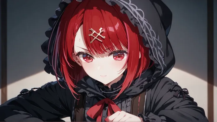  1girl , short red hair, red eyes, youthful face, red ribbon accents, confident pose, determined expression, pale skin, delicate features, slight smirk, intense gaze, gothic-style hairpin, subtle sweat on forehead,gothic lolita, ,1_girl,black hood,a black ...