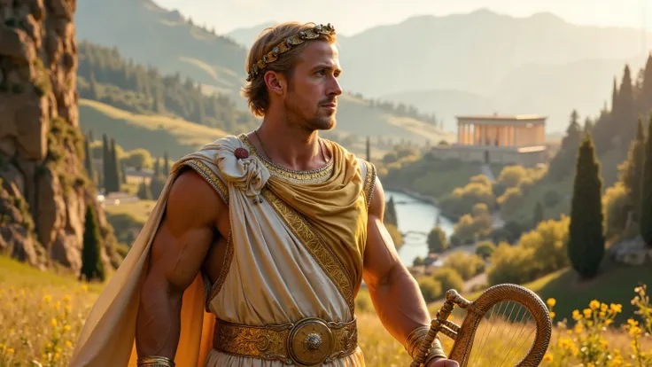 Ryan Gosling reimagined as a majestic Roman god Apollo walking and holding  golden lyre､dramatic atmosphere, 1 male､

Golden-blonde hair, crowned with a radiant laurel wreath of gold and sunstone, sculpted with solar flares and lyre engravings. Piercing bl...
