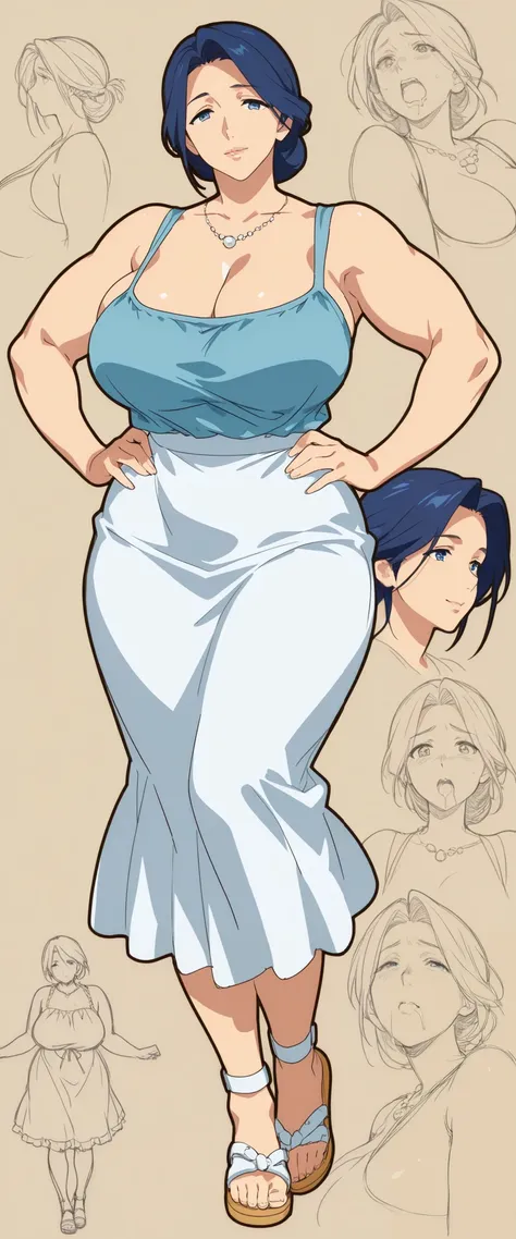 SFW:1.2, 32 yo, (Sugar mature mommy), (anime girl with blue hair hair), blue eyes, v-nect tees, sleeveless, summer long skirt, diamond tear-shape necklace, pearl-like hairpieces, summer long-skirt, beach sandals, anime moe artstyle, well-toned waifu, thick...
