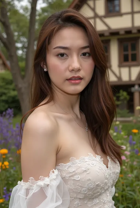 "A white woman with brown hair and brown eyes, posing in a natural environment or in front of cozy houses. She has a serene expression and a deep gaze. The soft lighting highlights her delicate features , while the background features trees, flowers or ch...