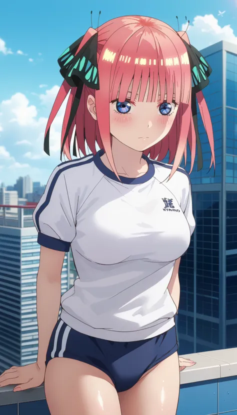 nsfw,Score_9,score_8_up, score_7_up, score_6_up, source_anime,((nakano nino)),shiny skin,solo,medium hair,pink hair,shiny hair,hime cut,twintails,two side up,hair ribbon,black ribbon,butterfly hair ornament,blue eyes,blush,medium breasts,( blue gym uniform...
