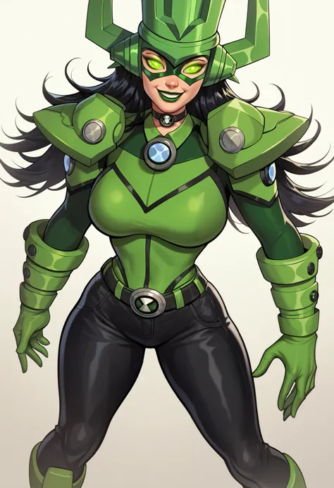 score_7_above, looking at the spectator , light smile, ROMPER PONYXL _Galacta_daughter of galactus_ ownwaifu, 1 girl, hull, mask, green mask, green eyes, black hair, wide hair , glowing eyes, big breasts, Lipstick, Lips, makeabove, Meca musume, giantess,...